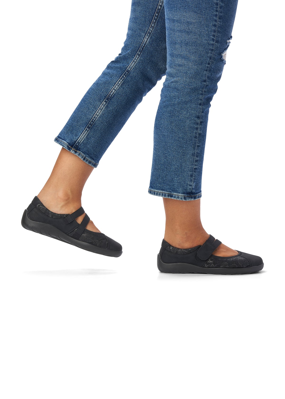 Ballet flats with Velcro strap - black, silver leaf patterns