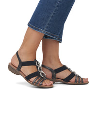 Low strap sandals - black, silver decorations