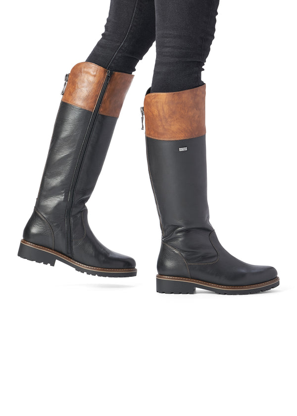 Stövlar - svart läder, brun övre skaftdel, justerbart L-XL skaft, Remonte-TEX