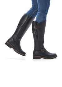 Boots with warm lining - black synthetic material, buckle decorations, L-XL shaft