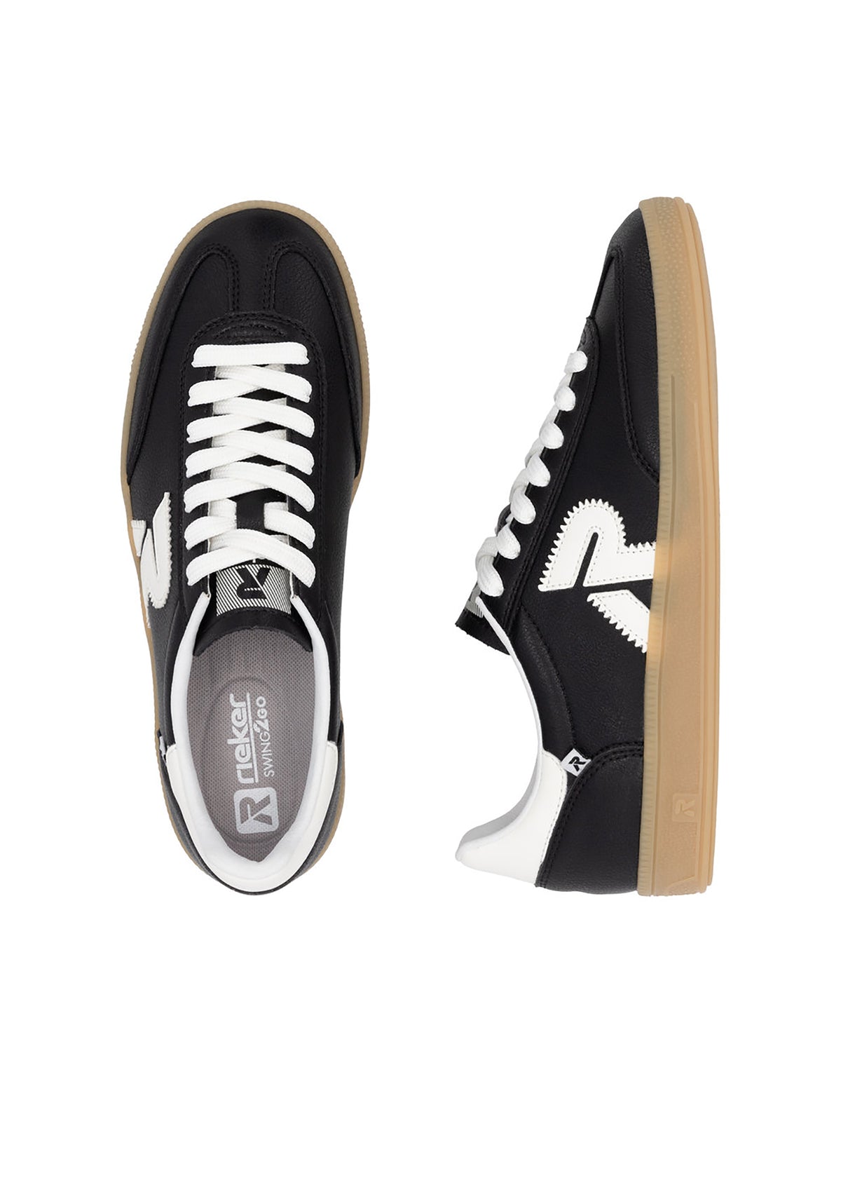 Sneakers - svart läder, brun sula