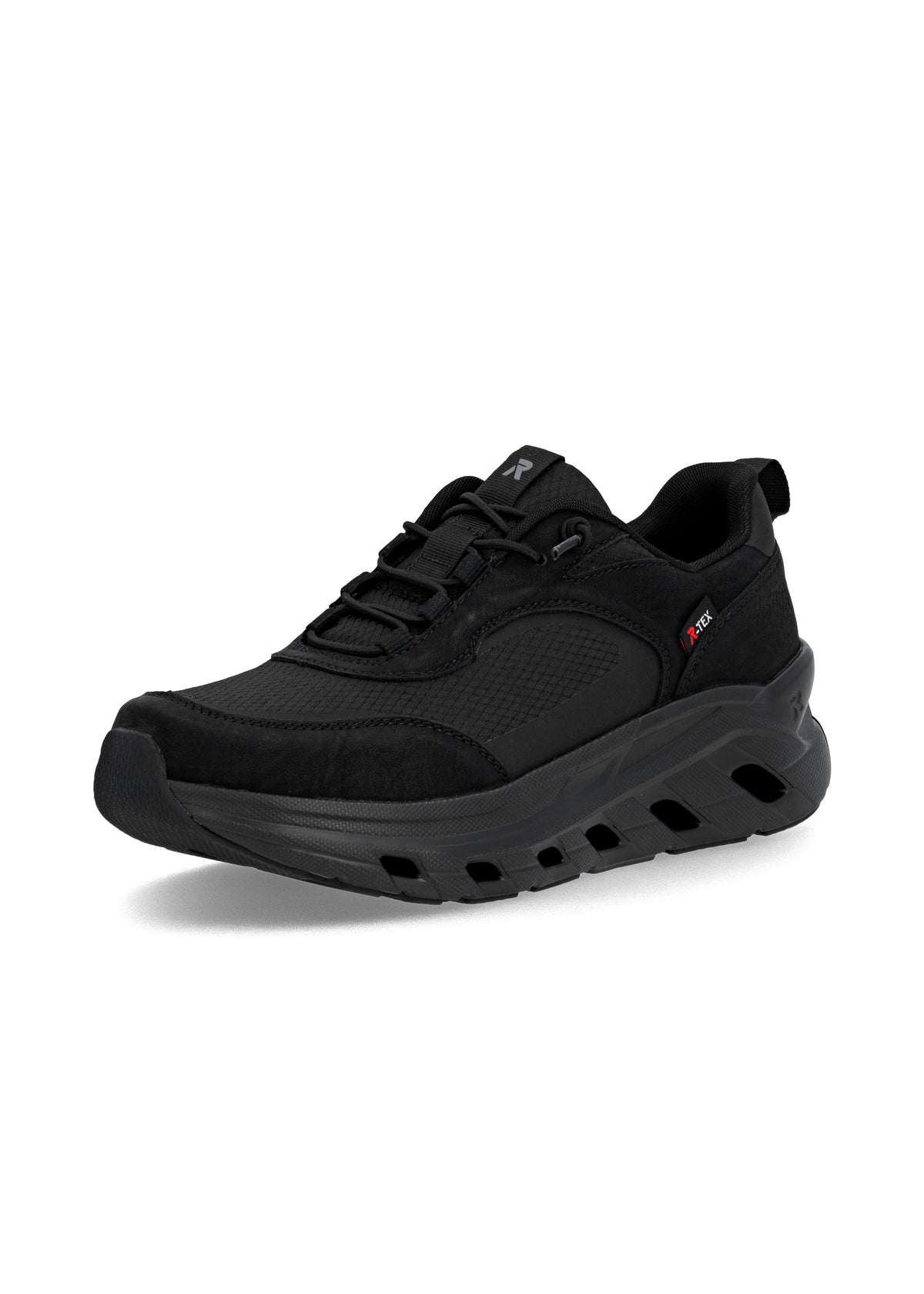Running shoes with thick sole - black fabric, black sole, Rieker-TEX
