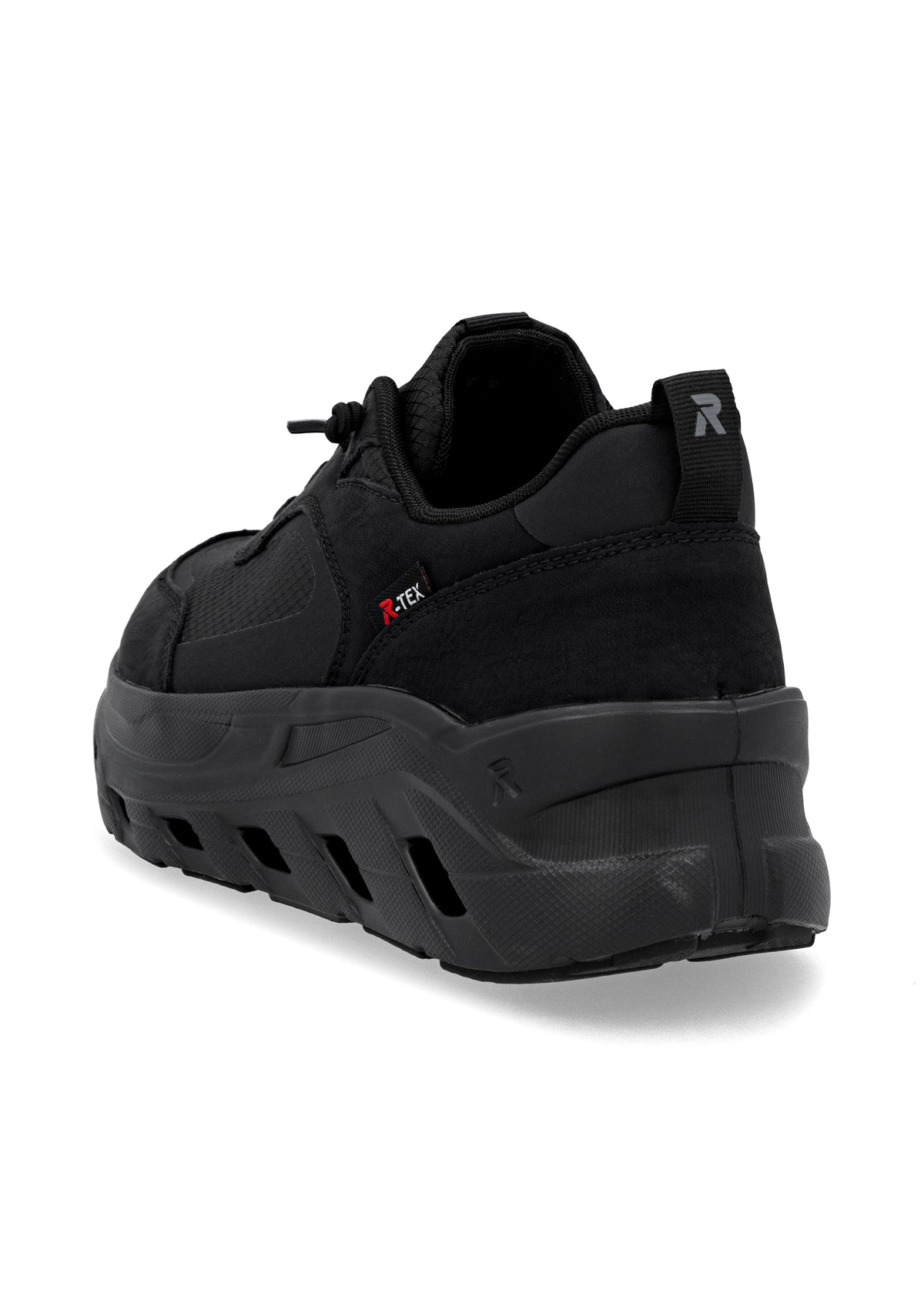 Running shoes with thick sole - black fabric, black sole, Rieker-TEX
