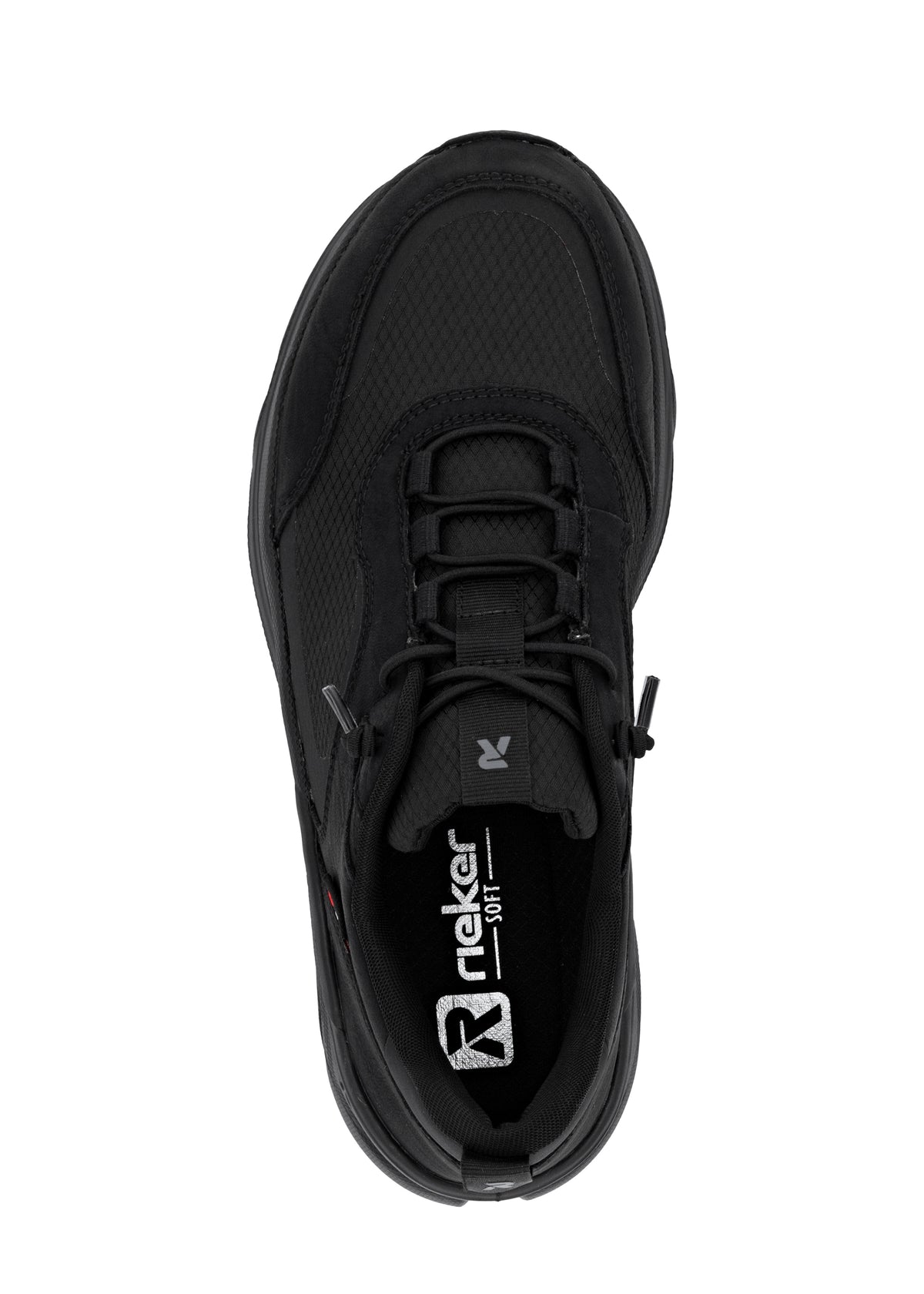 Running shoes with thick sole - black fabric, black sole, Rieker-TEX