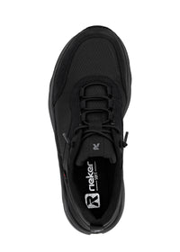 Running shoes with thick sole - black fabric, black sole, Rieker-TEX