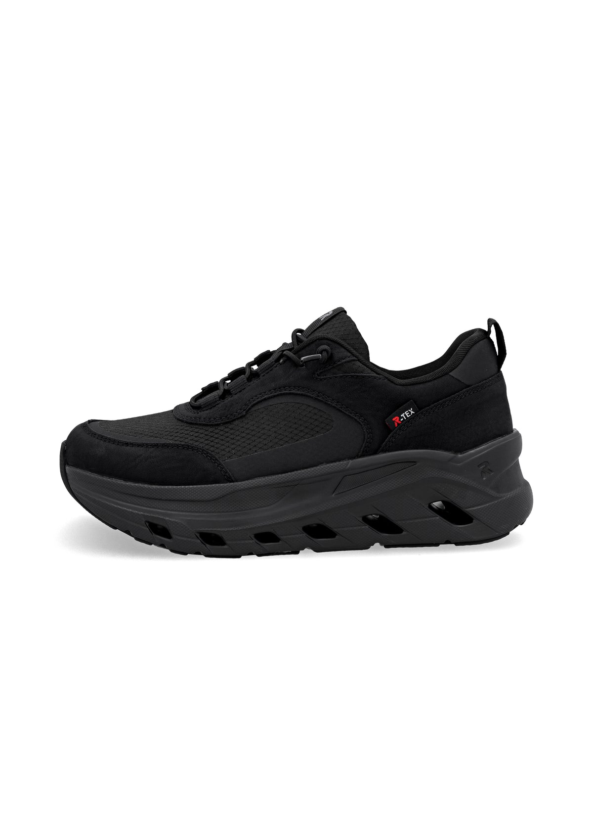 Running shoes with thick sole - black fabric, black sole, Rieker-TEX