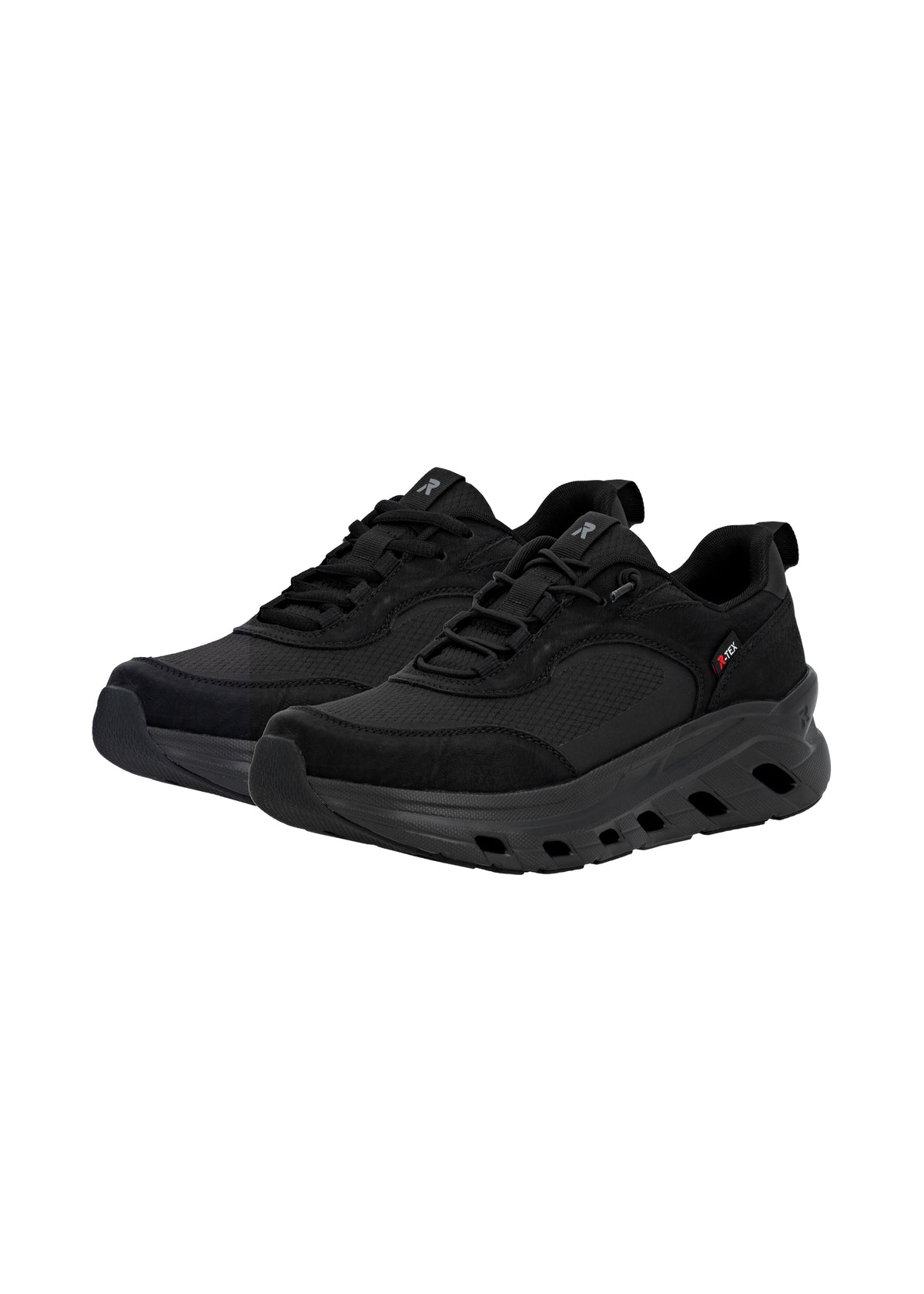 Running shoes with thick sole - black fabric, black sole, Rieker-TEX
