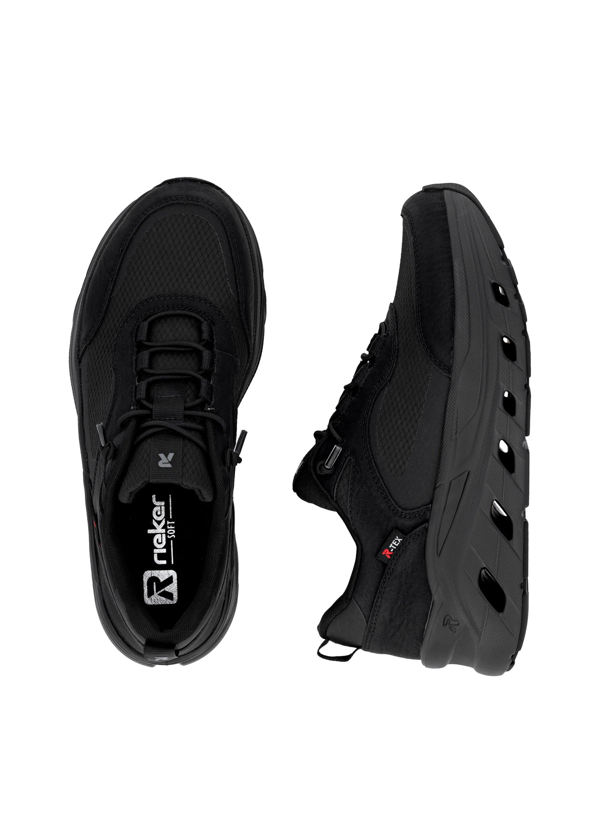 Running shoes with thick sole - black fabric, black sole, Rieker-TEX