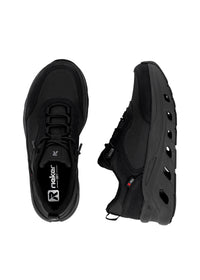 Running shoes with thick sole - black fabric, black sole, Rieker-TEX