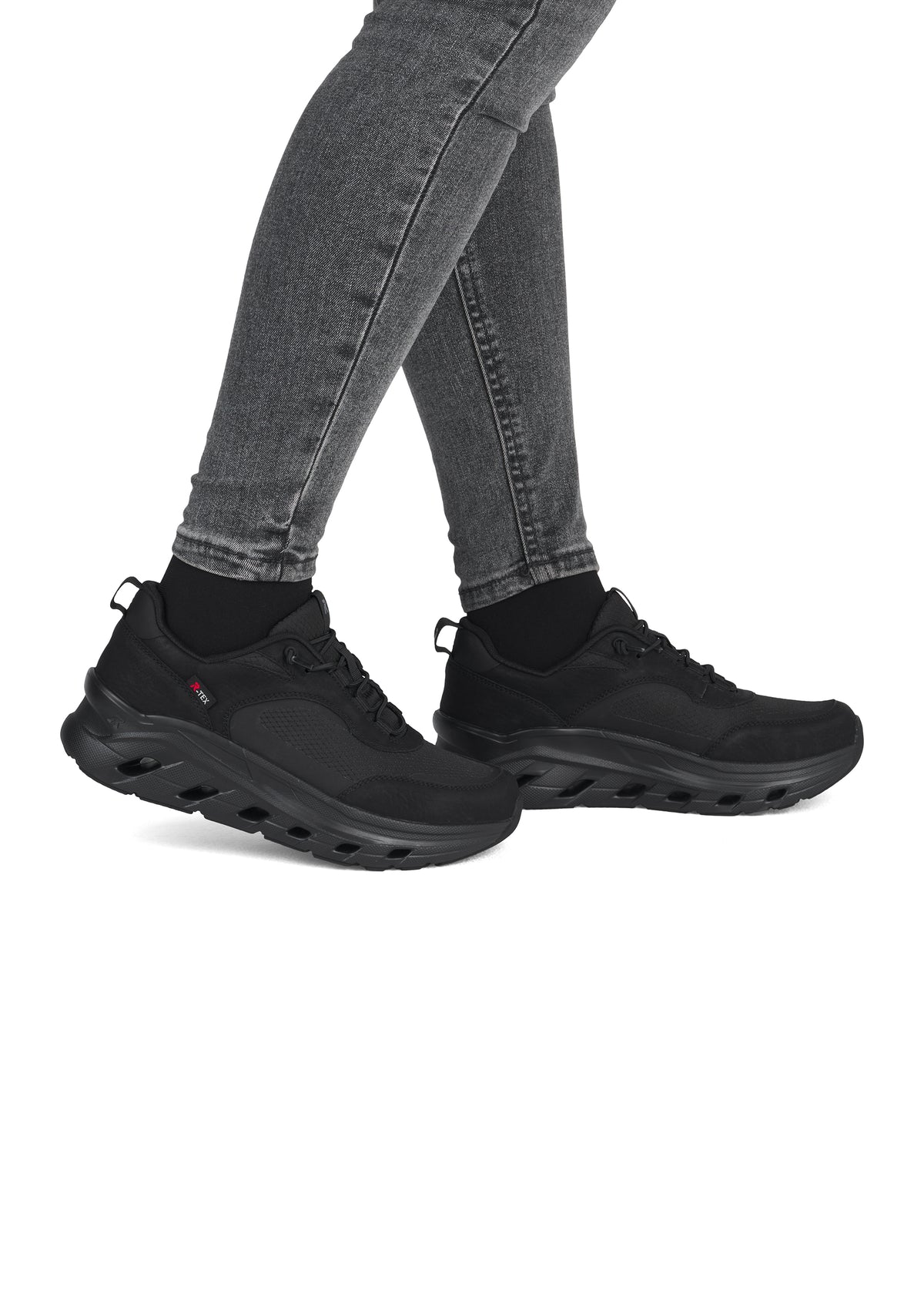 Running shoes with thick sole - black fabric, black sole, Rieker-TEX