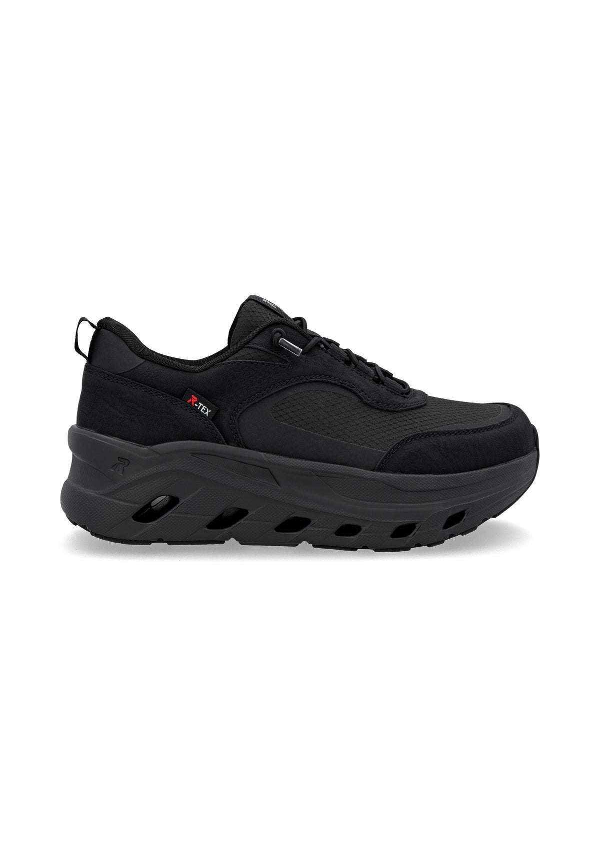 Running shoes with thick sole - black fabric, black sole, Rieker-TEX