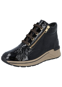 High-top wedge ankle boots - Karma, black patent leather, wide fit