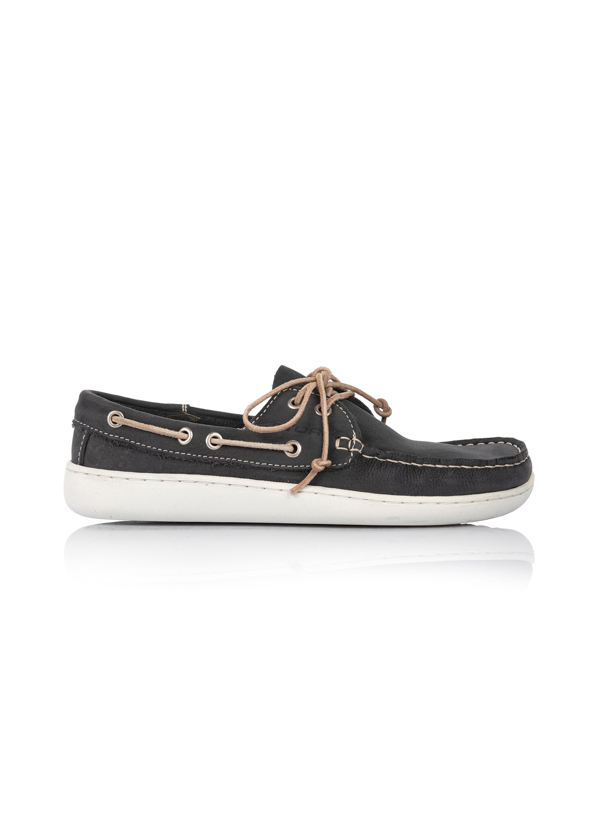 Boat shoes - dark blue leather, brown laces, barefoot shoes