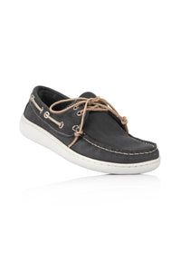 Boat shoes - dark blue leather, brown laces, barefoot shoes