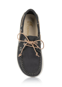 Boat shoes - dark blue leather, brown laces, barefoot shoes