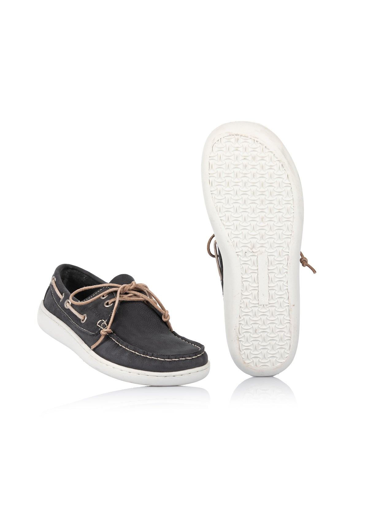 Boat shoes - dark blue leather, brown laces, barefoot shoes