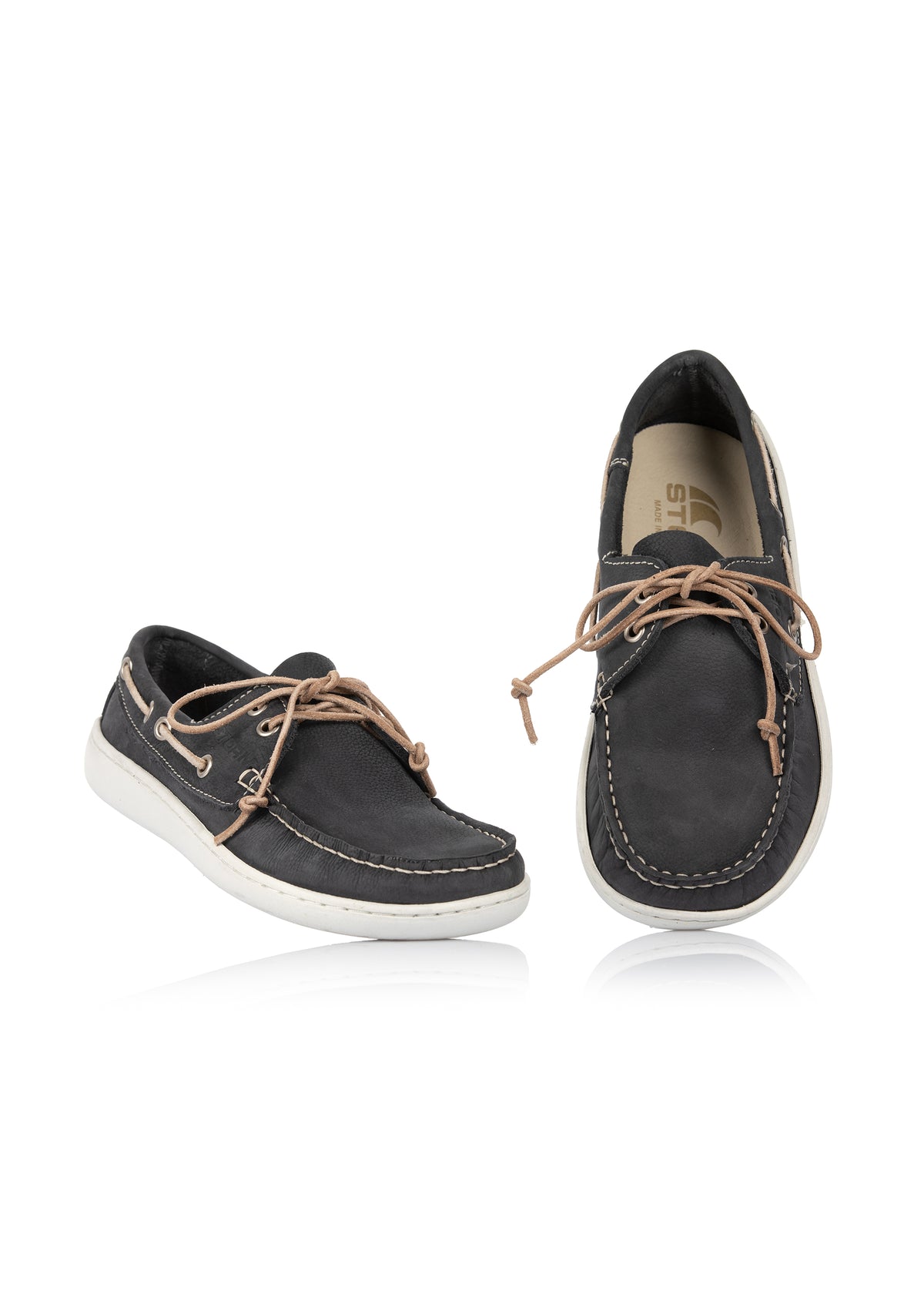 Boat shoes - dark blue leather, brown laces, barefoot shoes