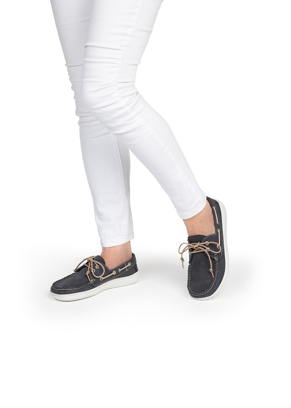 Boat shoes - dark blue leather, brown laces, barefoot shoes