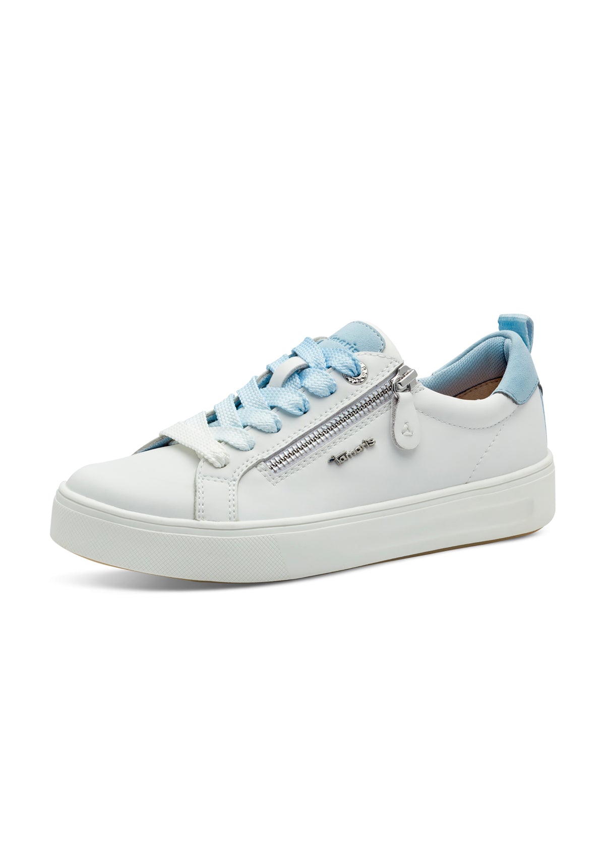 Sneakers - vit läder, ljusblå detaljer