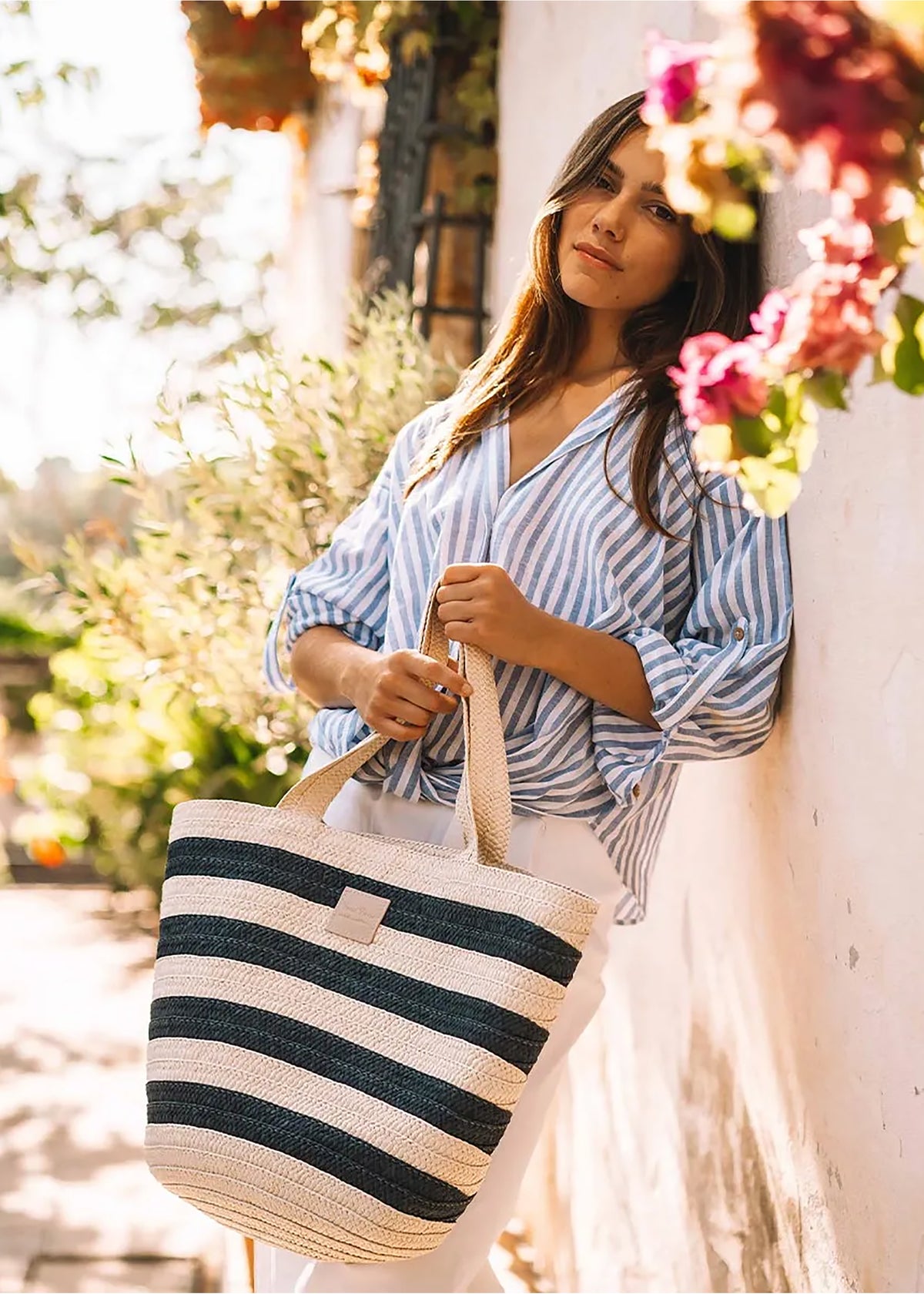 Women's shoulder bag - Desi, white and blue stripes